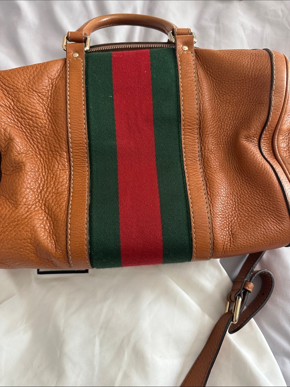 Gucci Boston Tan Leather Shoulder Bag with Green & Red Center Stripe crossbody - Picture 2 of 10